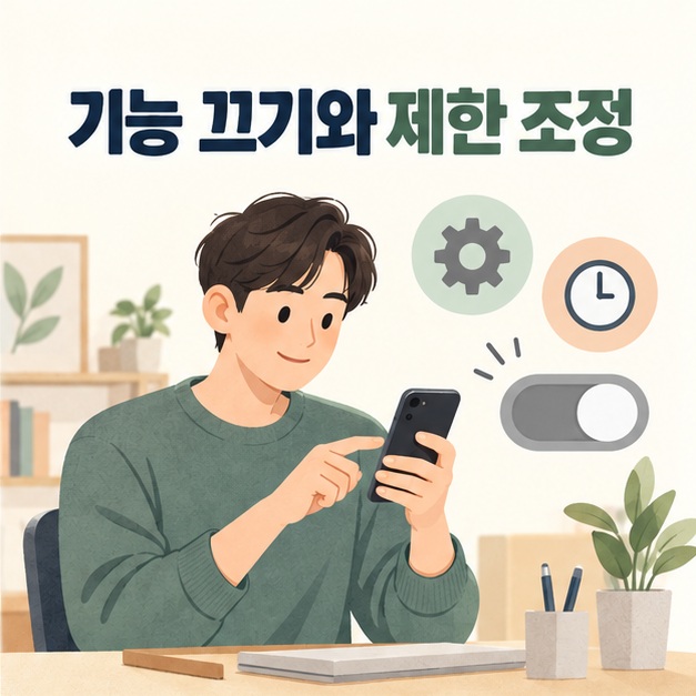 스마트폰을 확인하는 사용자와 설정 및 시간 제한 조정 상징