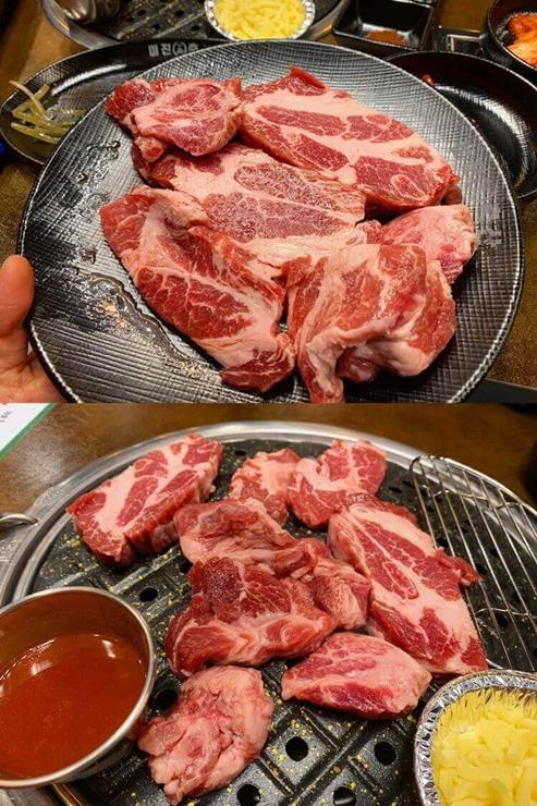 접시에 담긴 이베리고 꽃목살 사진과 불판에 구워지고 있는 이베리코 꽃목살 사진