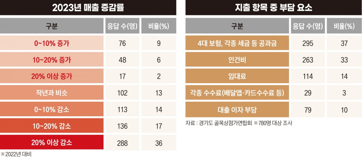 2023년 매출 증감률, 지출 항목 중 부담 요소
