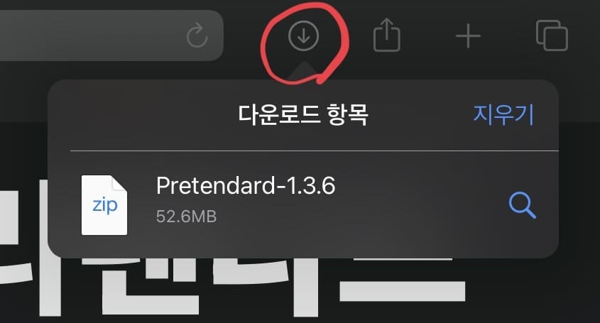 아이패드 사파리에서 다운로드 목록을 확인하는 사진입니다. 다운로드 항목에 방금 다운받은 폰트가 있습니다.