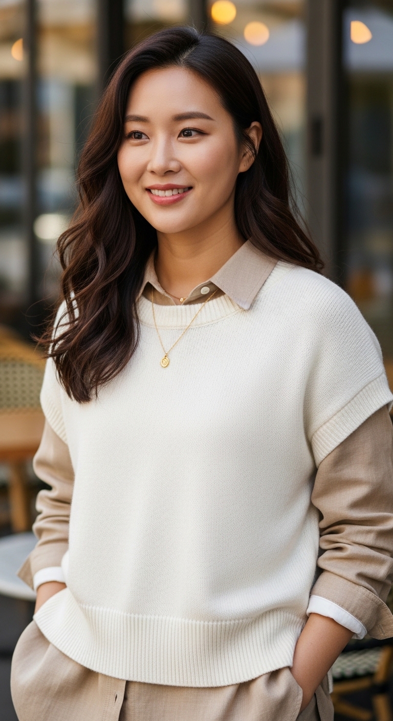 전신 거울 앞에서 오늘 완성한 코디를 만족스럽게 보고 있는 모습