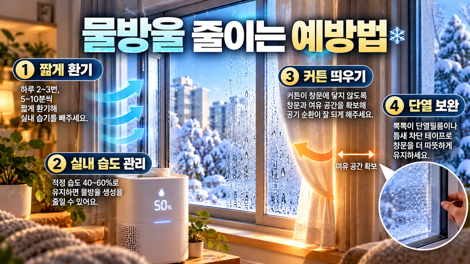 짧은 환기와 습도 관리, 커튼과 창유리의 간격 확보, 단열 보완 방법을 겨울 창가 장면으로 안내하는 인포그래픽