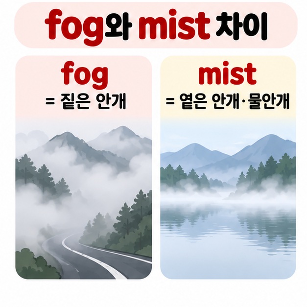 fog는 짙은 안개 mist는 옅은 안개나 물안개라는 차이를 산과 호수 그림으로 비교한 카드