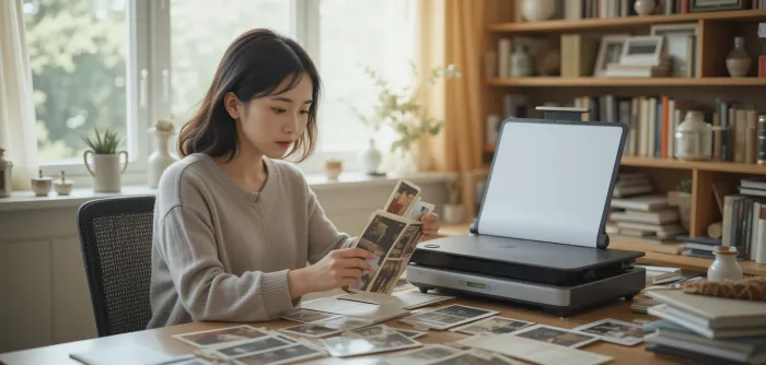 오래된 사진을 스캔기로 디지털화하는 여성의 모습