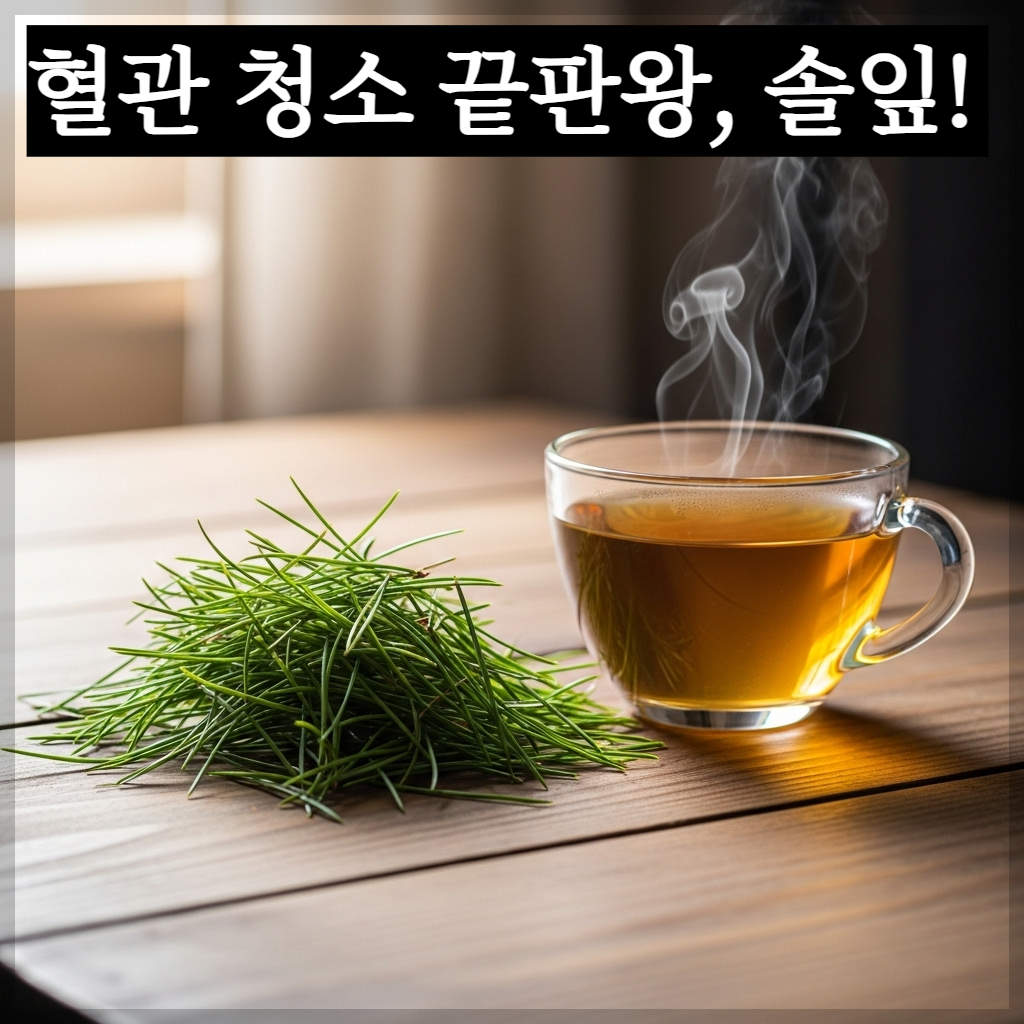 싱그러운 아침 햇살이 비치는 나무 테이블 위에 정갈하게 담긴 푸른 솔잎들과 김이 모락모락 피어오르는 투명한 찻잔 속의 황금빛 솔잎차가 있는 치유 분위기의 실사 이미지