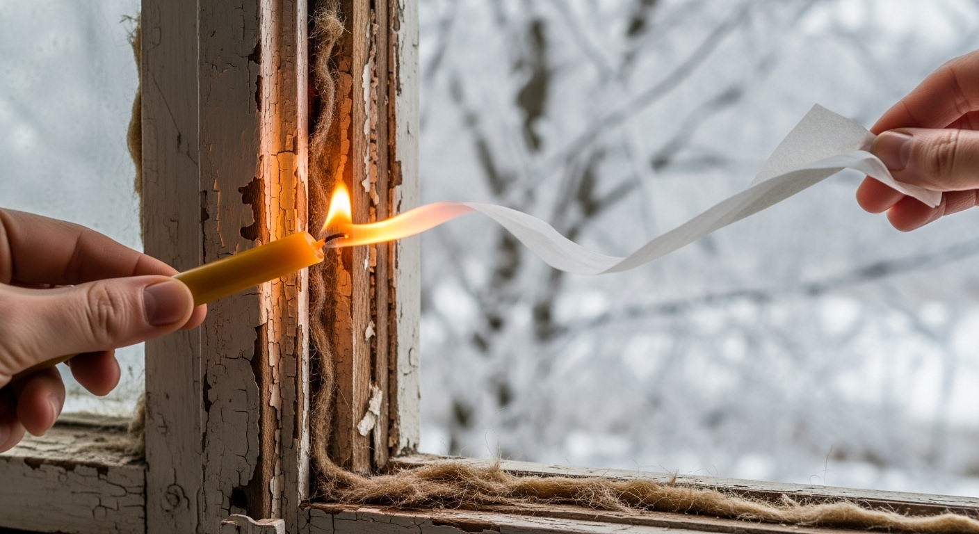 낡은 창문 모헤어 틈새로 찬 바람이 들어오는 것을 촛불로 확인하는 손.