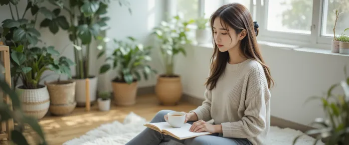 테크슬로우 라이프를 실천하는 여성의 여유로운 모습
