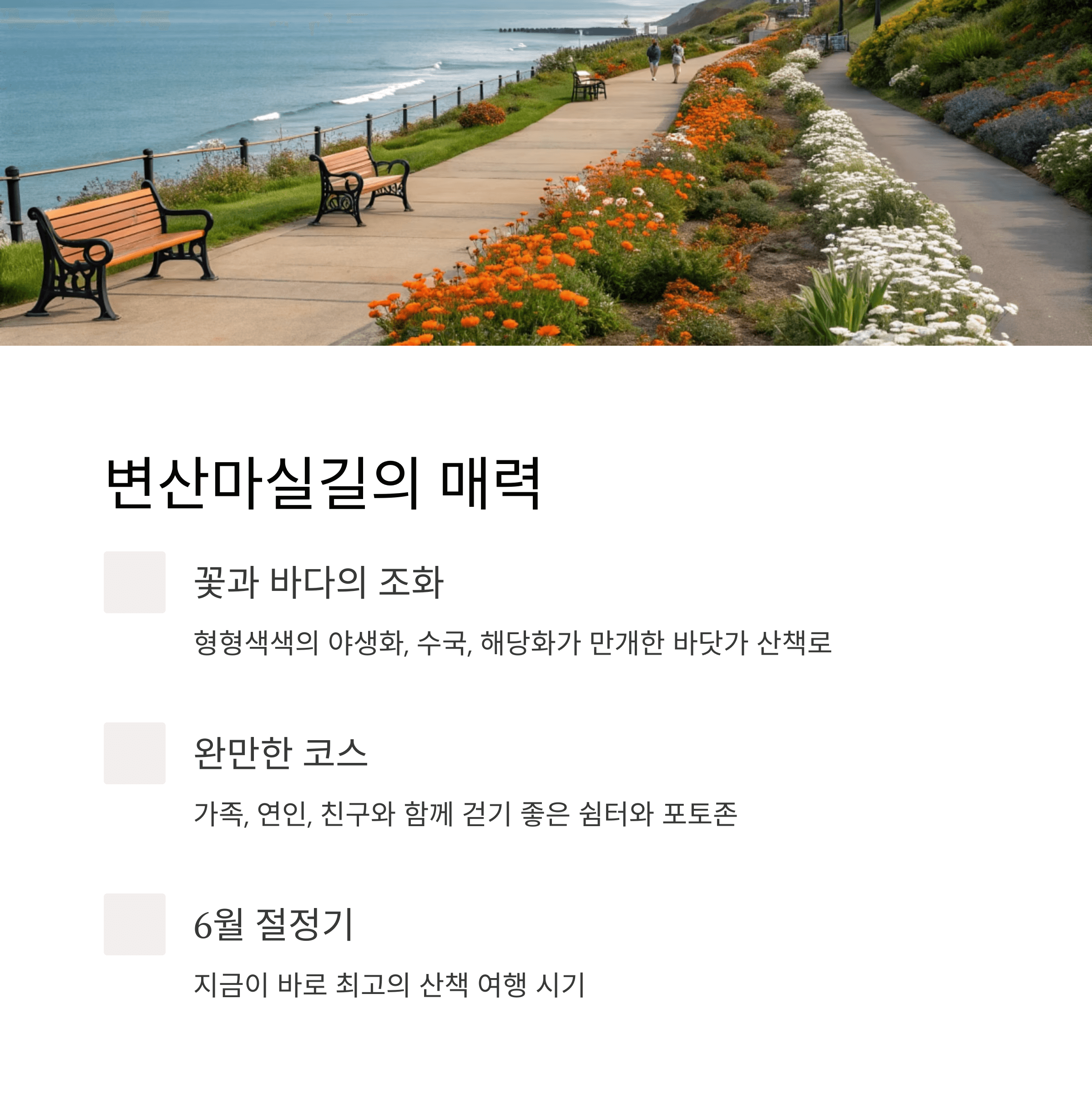 꽃과 벤치가 있는 해변 산책로