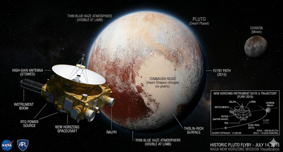 NASA 뉴 호라이즌스 탐사선이 2015년 포착한 명왕성 표면의 하트 모양 톰보 지역과 질소 얼음 평원 이미지