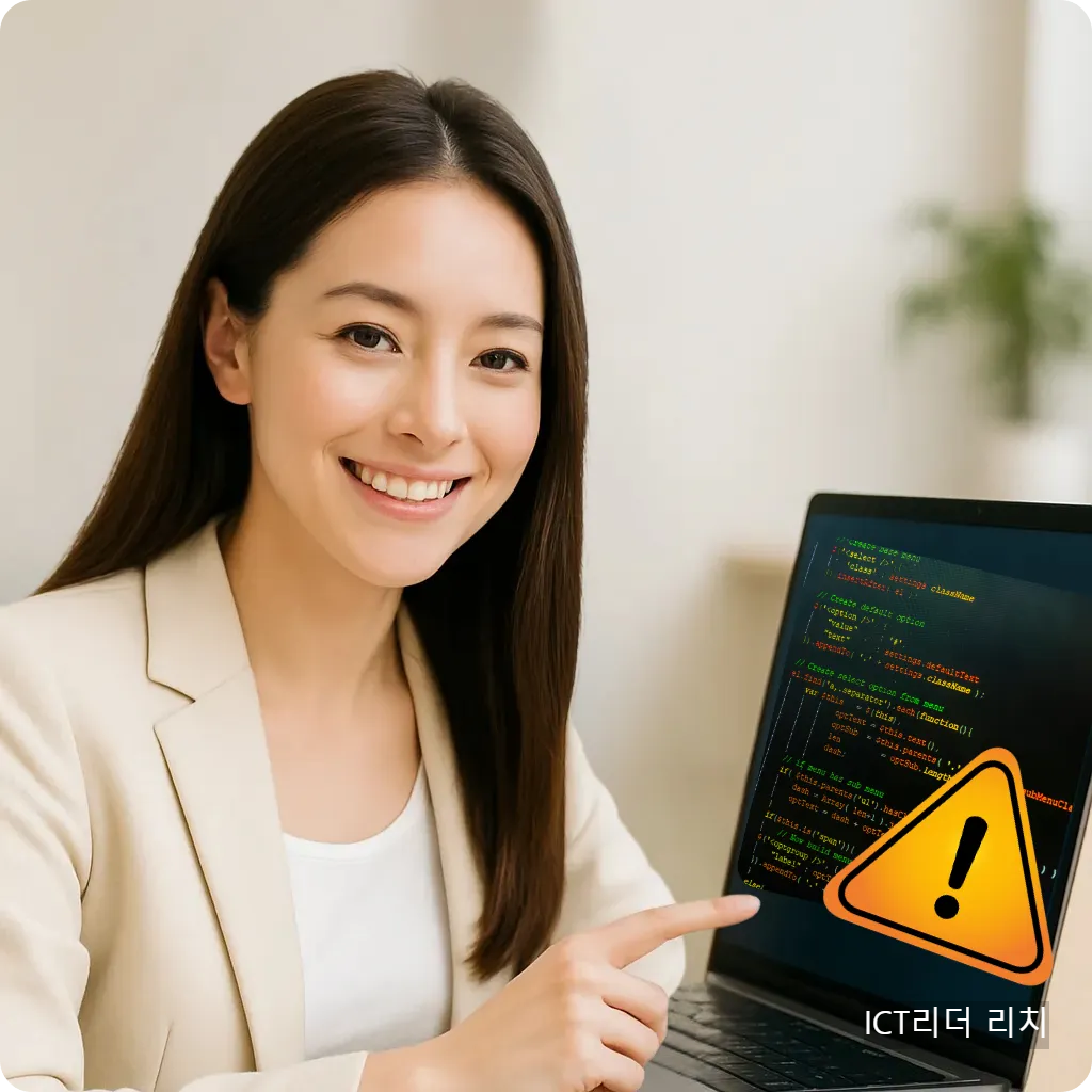 노트북 화면에 보안 경고를 표시하며 시큐어코딩을 설명 중인 여성 개발자
