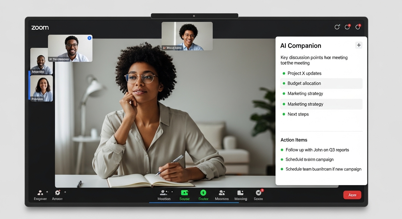 Zoom 회의 중 AI Companion이 실시간으로 회의 내용을 요약하고 핵심 액션 아이템을 표시하는 화면. 스마트한 온라인 회의를 돕는 AI 기능.