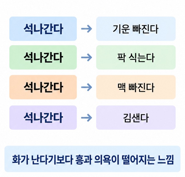 석나간다를 기운 빠진다 팍 식는다 맥 빠진다 김샌다와 비교해 뜻과 어감을 설명한 이미지