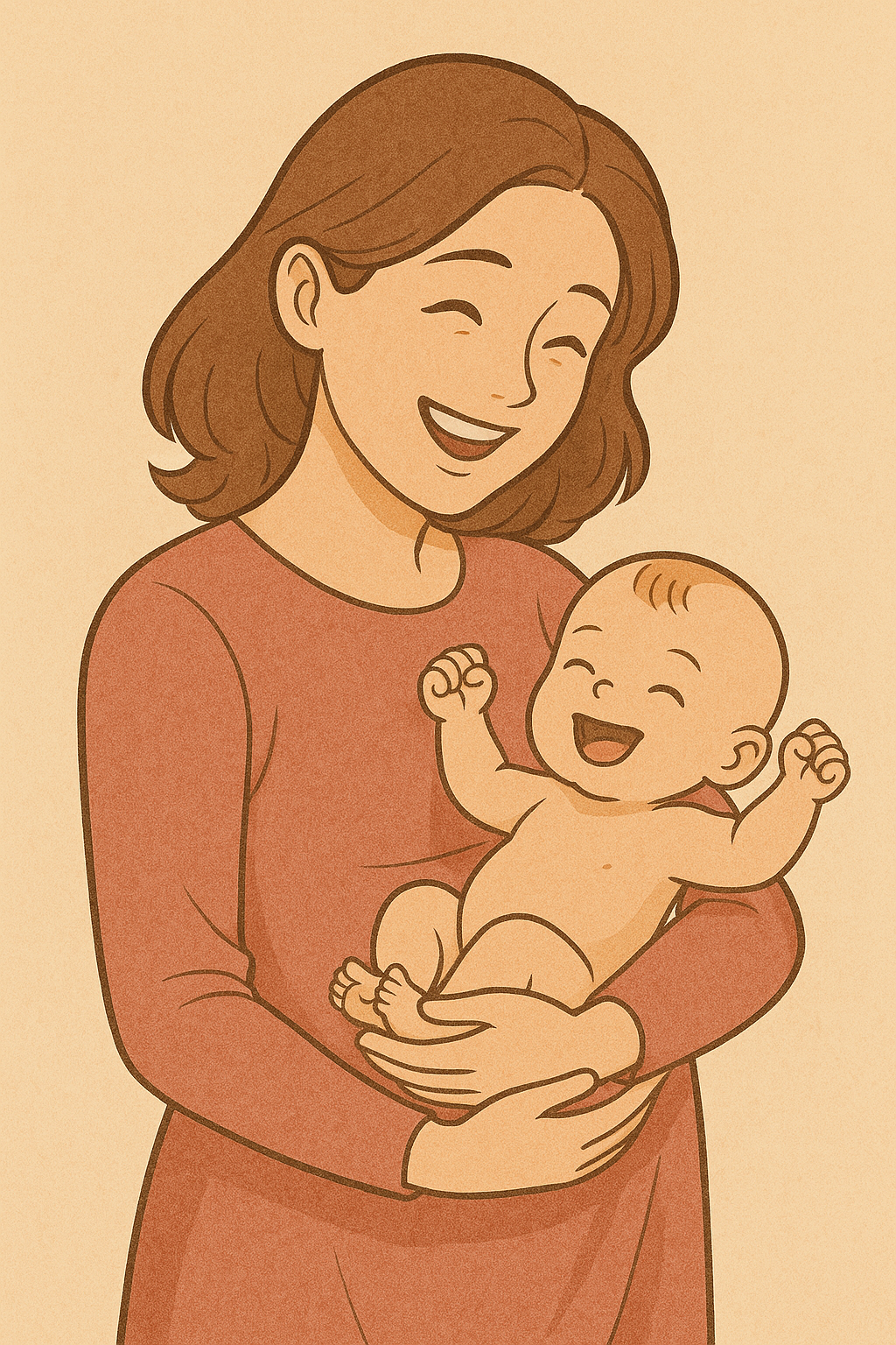 따뜻한 색감의 배경 위에서 갓 태어난 아기를 품에 안고 환하게 웃고 있는 엄마의 모습을 담은 감성 일러스트. 아이와 엄마 모두 행복한 표정을 짓고 있어 출산의 기쁨과 사랑이 잘 표현된 이미지.