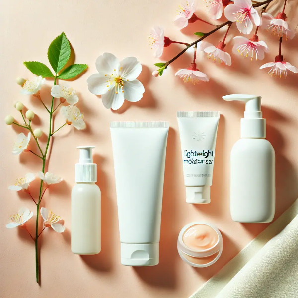 봄철 피부 관리를 위한 클렌저, 보습제, 선크림이 배치된 스튜디오컷