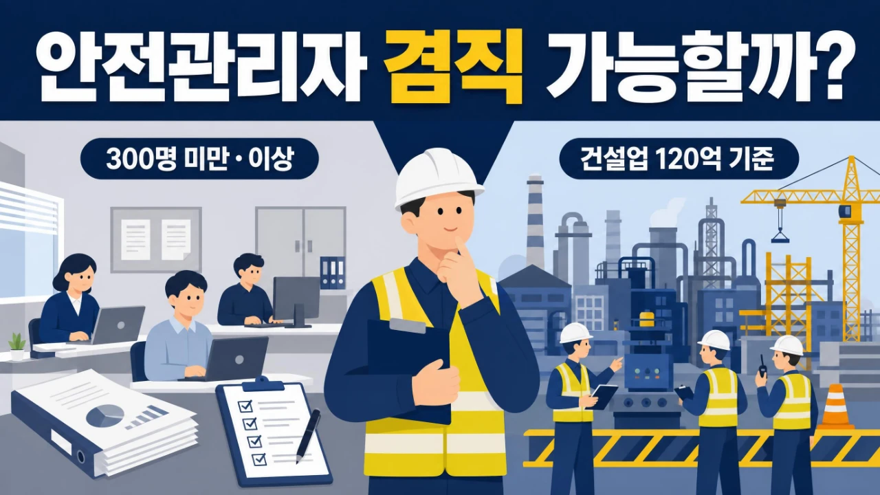 안전관리자 겸직 가능 여부와 상시근로자 300명 건설업 120억원 전담 기준을 설명하는 이미지