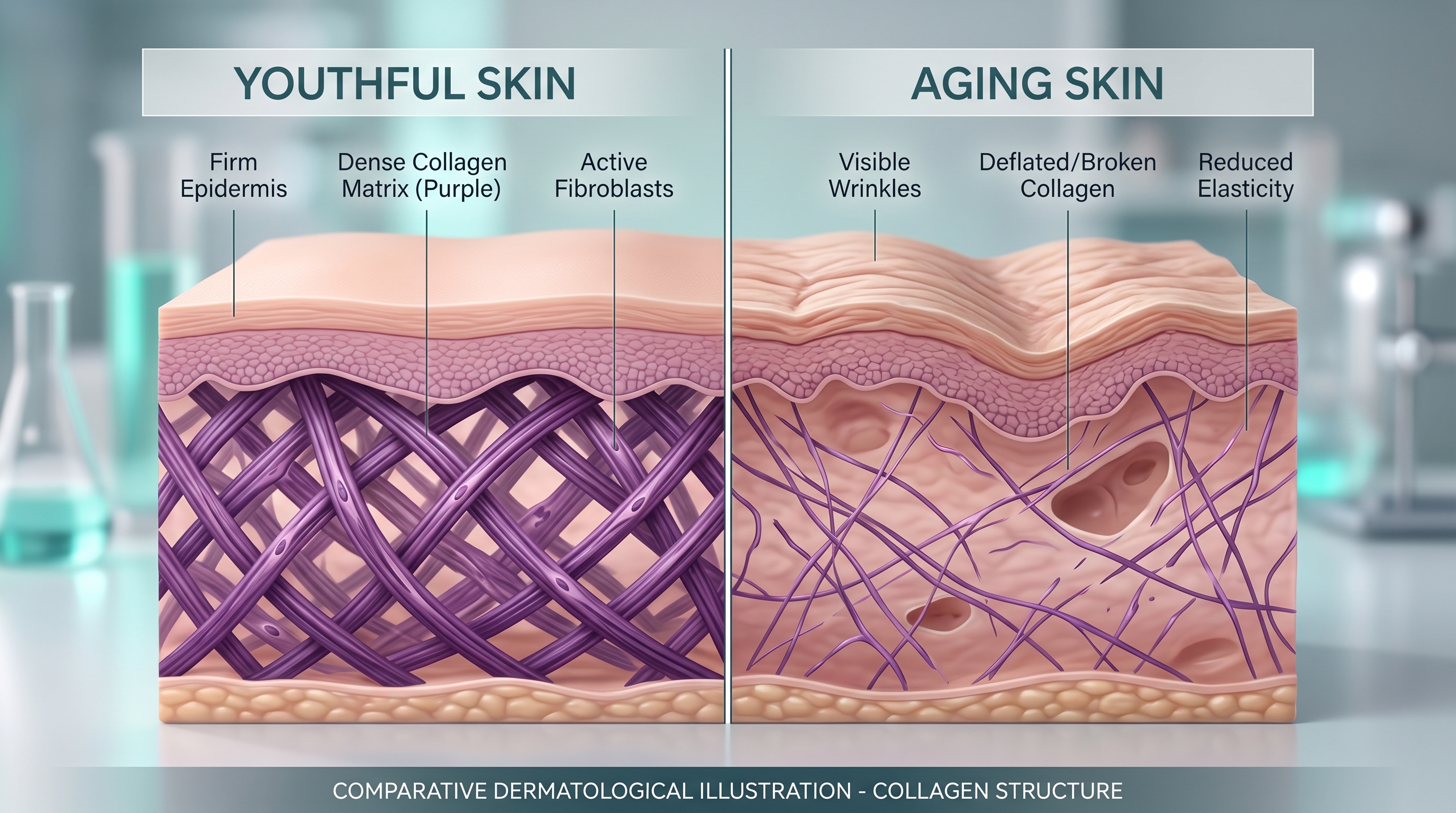 The left side shows a youthful and firm skin barrier with rich purple-toned collagen fibers densely structured under the dermis. The right side shows an aging skin cross-section with deflated, broken collagen structures and visible wrinkles on the surface. Soft lighting, high-end skincare laboratory vibe, 8k resolution, cinematic composition.
