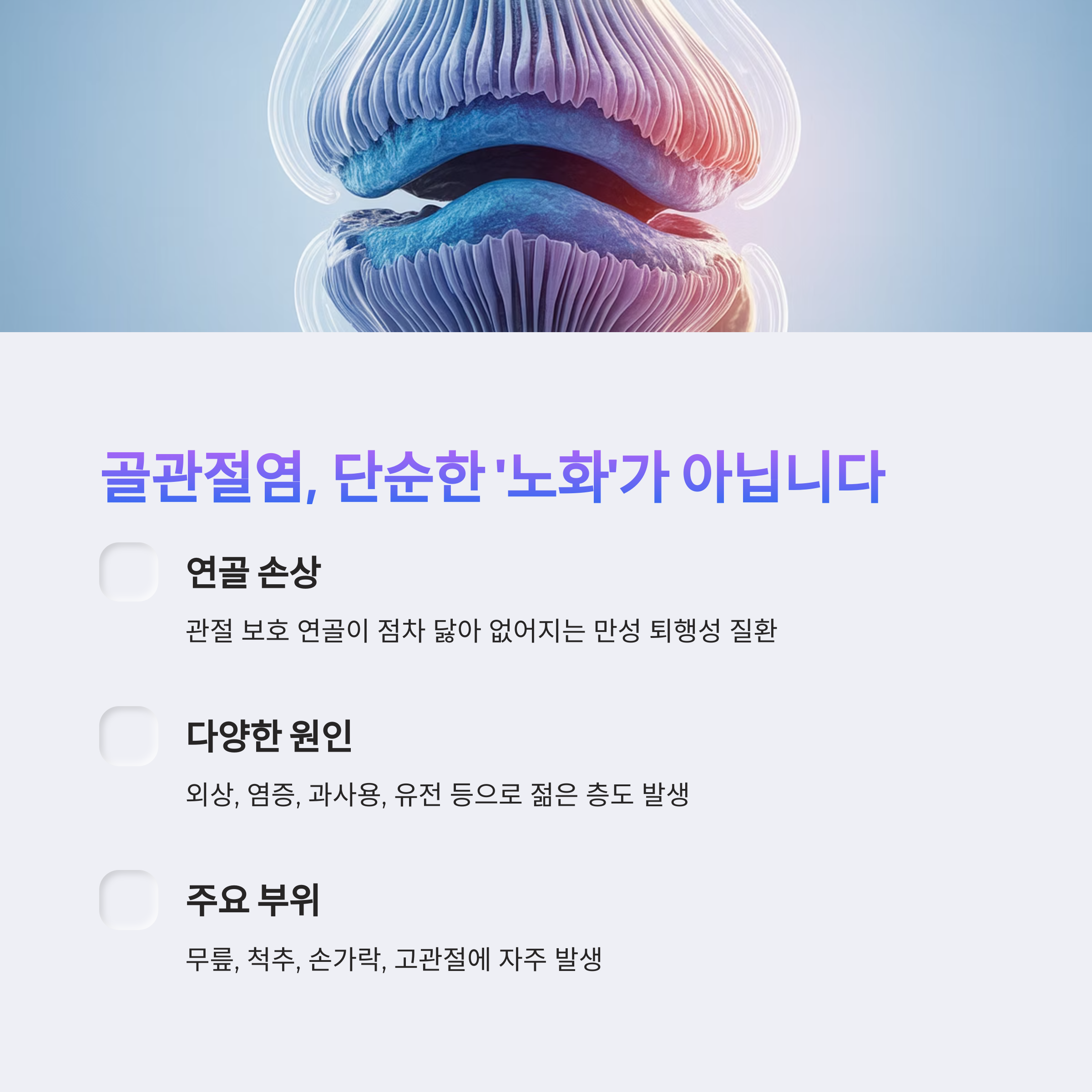 골관절염의 주요 원인과 발생 부위를 설명하는 인포그래픽 이미지