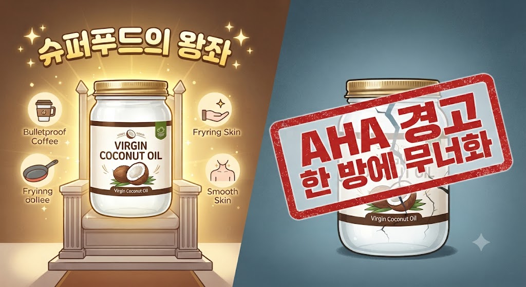 블로그 도입부의 썸네일입니다. 코코넛오일이 '슈퍼푸드'로 추앙받던 영광의 순간(2015년경)과 미국심장협회(AHA)의 경고로 왕좌에서 무너지는 순간(2017년 이후)을 시각적 대비로 표현했습니다. 왕관이 씌워진 코코넛오일 병과 그 옆으로 갈라진 틈 사이로 'AHA 경고장'이 보이는 극적인 이미지입니다.