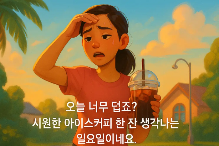 더울 일요일 인사말-아이스 아메리카노 더워하는 여자