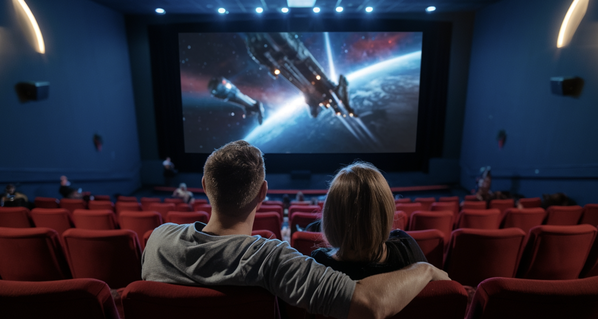 극장에서 영화를 관람하는 연인의 모습