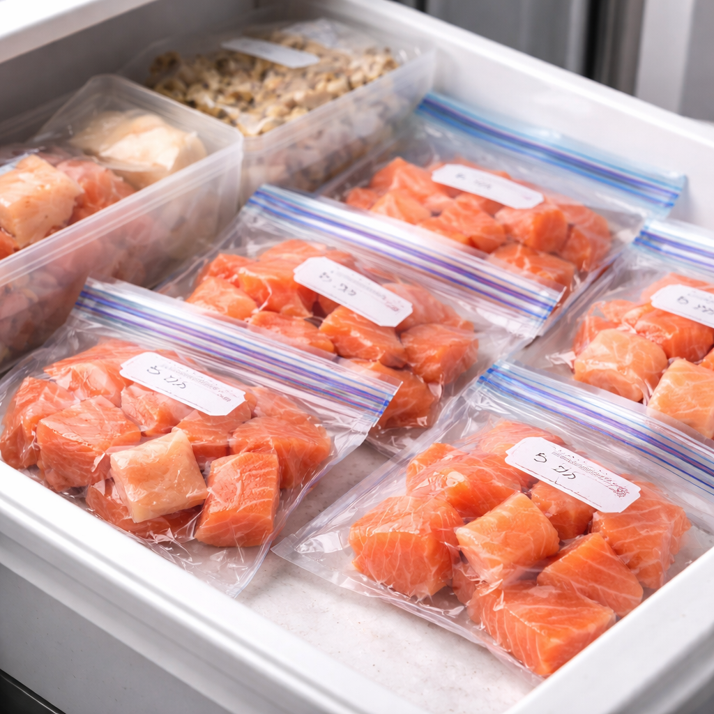 소분 후 냉동 보관 중인 연어 상태