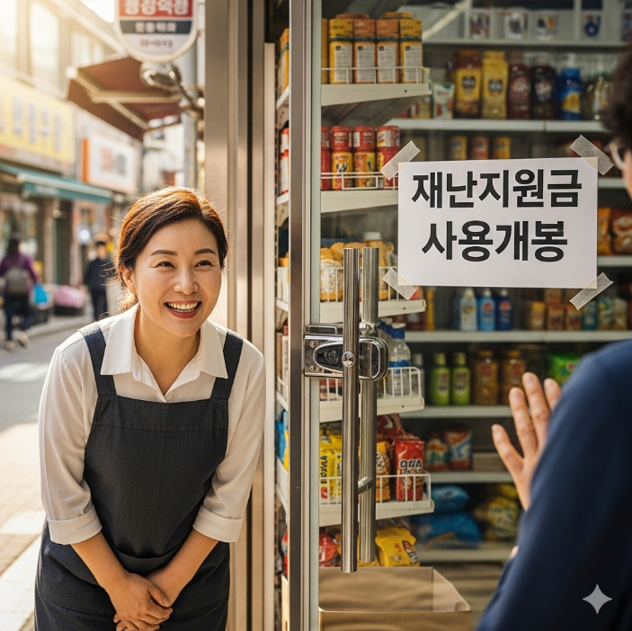자신의 가게 앞에서 환하게 웃으며 손님을 맞는 소상공인. 가게 문 앞에는 '재난지원금 사용 가능'이라고 적힌 안내문이 붙어 있다.