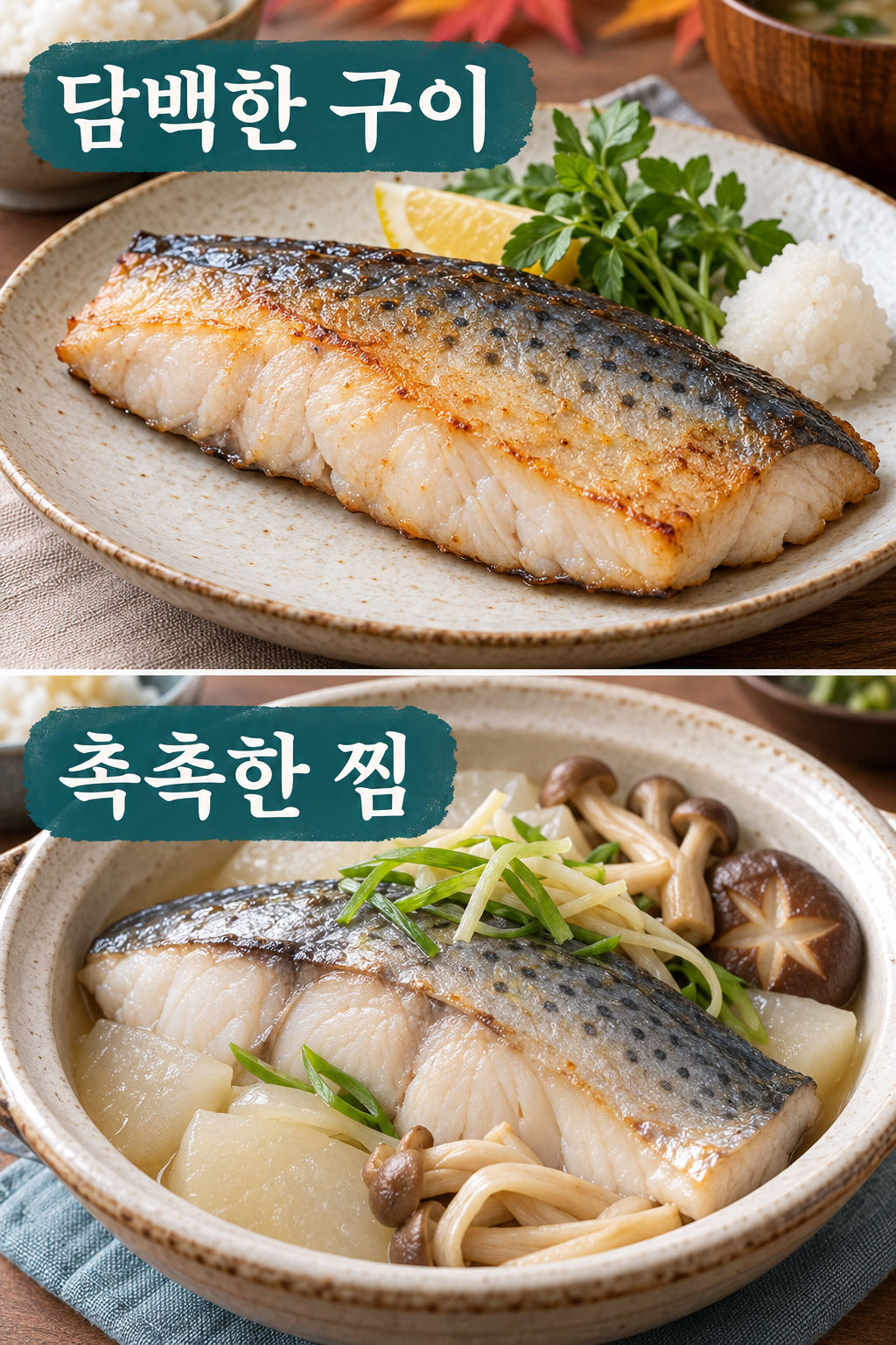 담백하게 익힌 삼치구이와 무&middot;버섯을 곁들인 삼치찜.