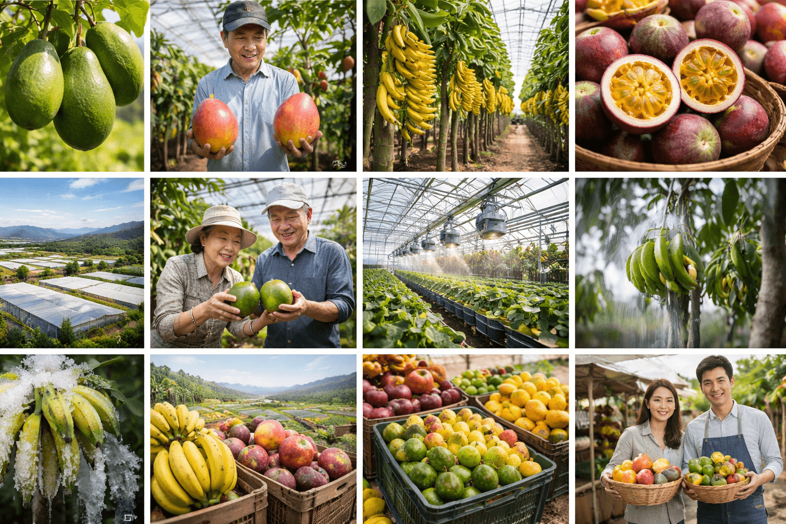 제주 해안 농장에서 망고·바나나·아보카도 등 아열대 작물을 재배하는 한국 농업 풍경과 온실 농장 전경