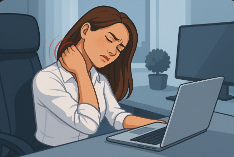 목이 뻐근하여 고통 받고 있는 여성