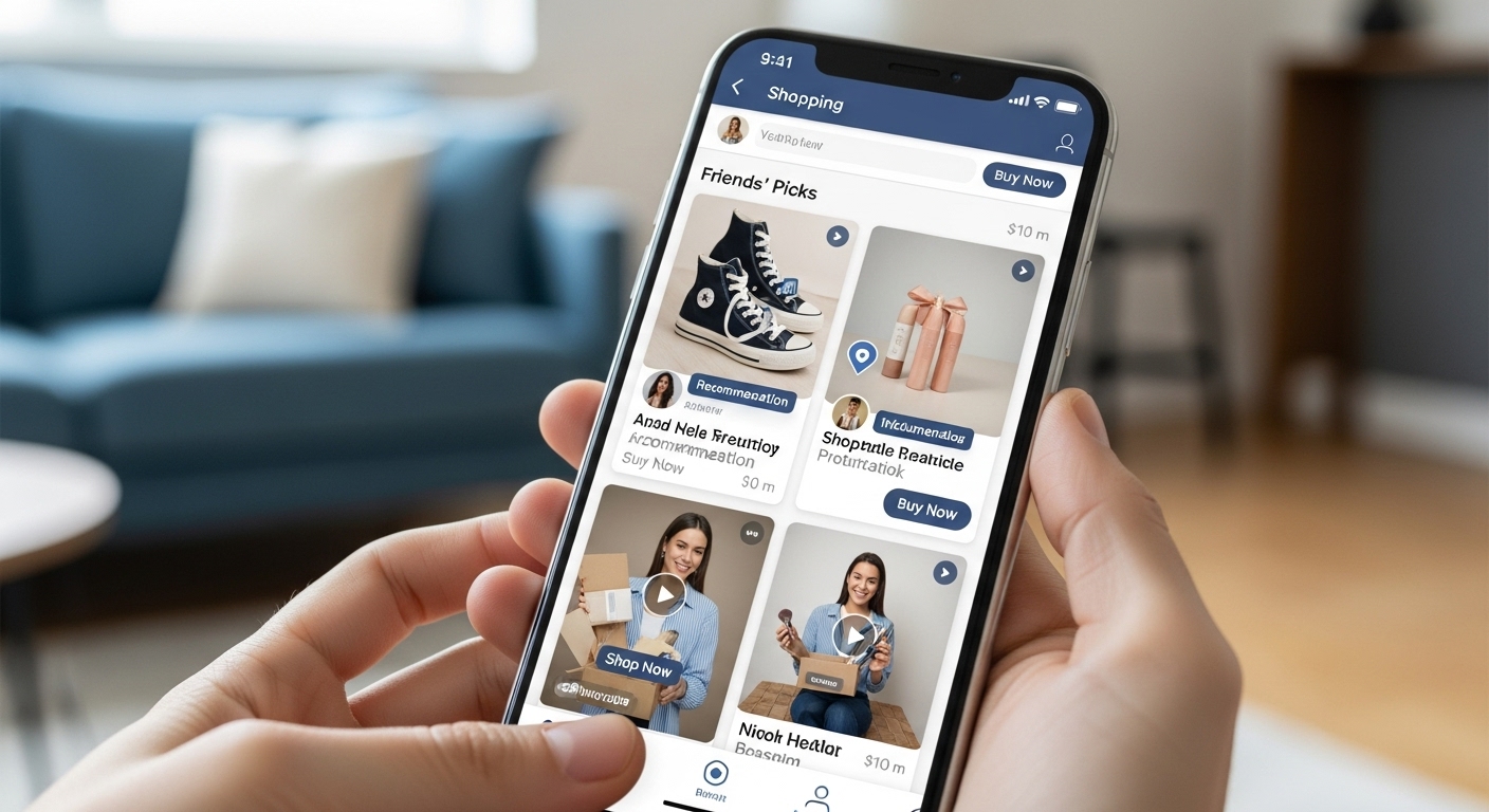 소셜 미디어 피드에서 직접 제품을 탐색하고 구매하는 소비자의 모습, 소셜 커머스의 편리함을 강조.