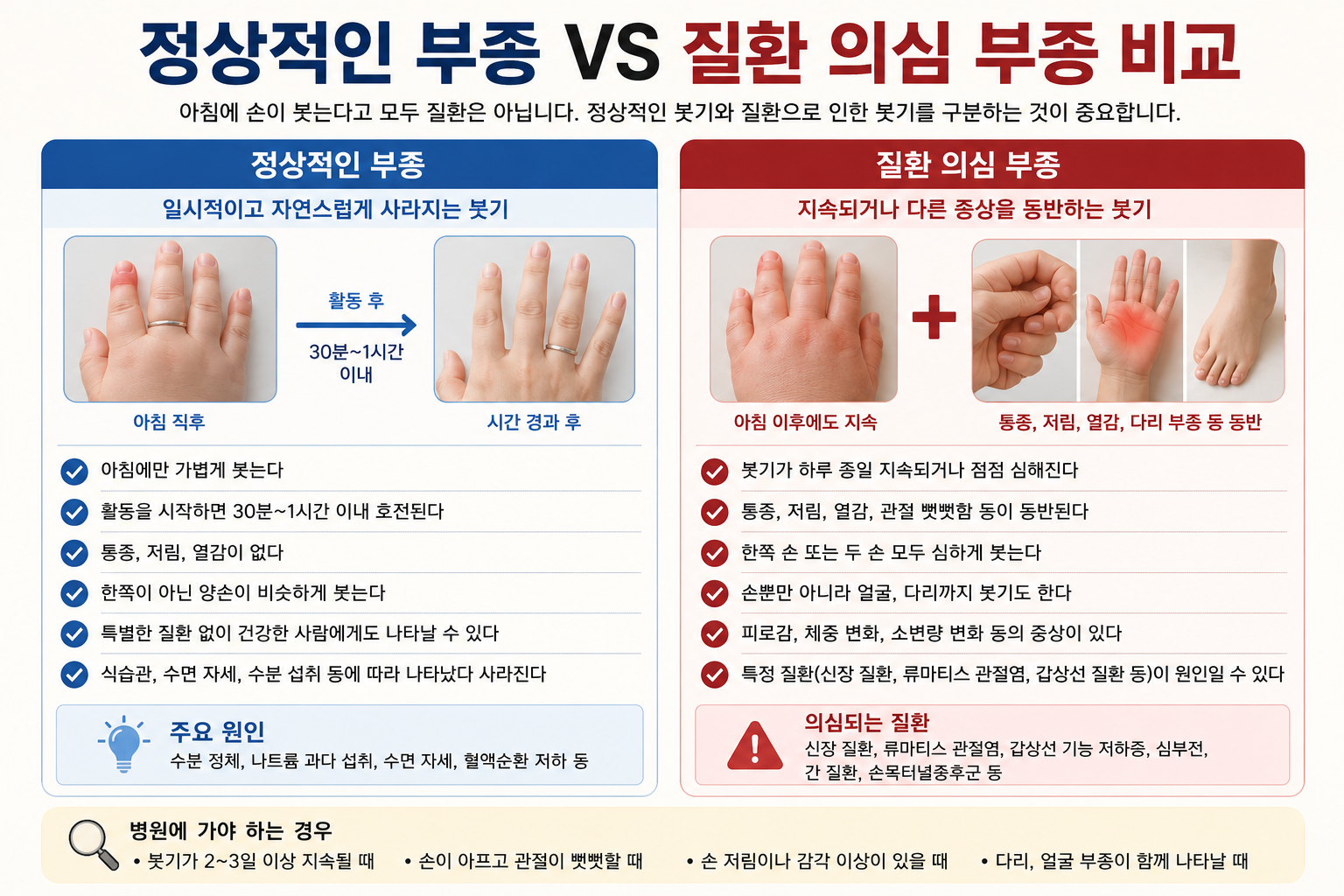정상적인 손 부종과 질환 의심 부종 비교 이미지