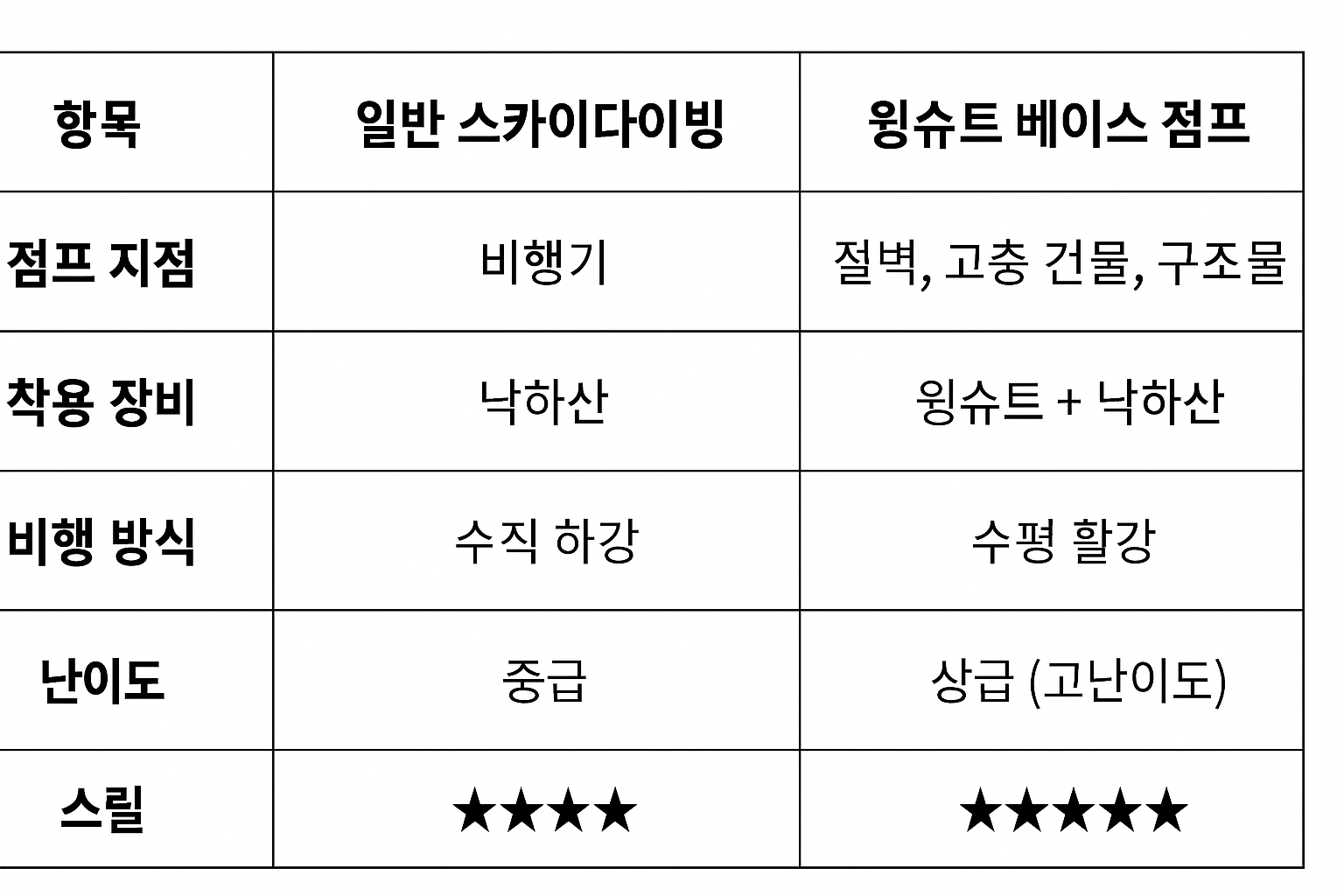 일반스카이다이빙과 윙슈트 비교표