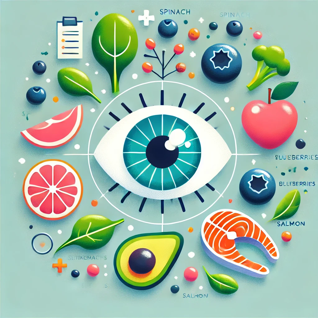 녹내장을 상징하는 눈과 예방할 수 있는 음식을 표현