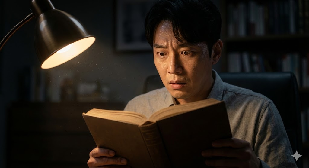 A man in a dark room with a look of terror on his face, deeply immersed in a passage of a book.