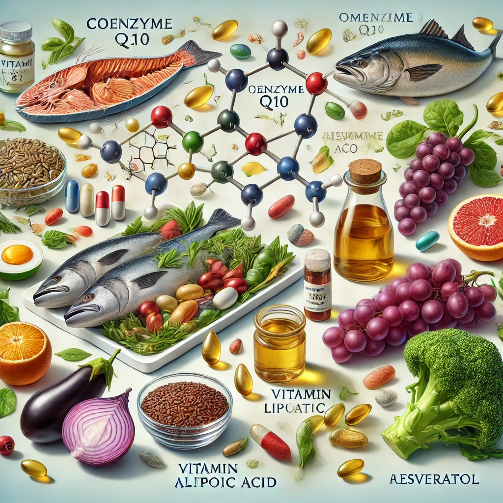 코엔자임Q10, 오메가3지방산, 알파리포산, 비타민B2,3, 레스베라트롤등의 영양소를 나타낸 이미지