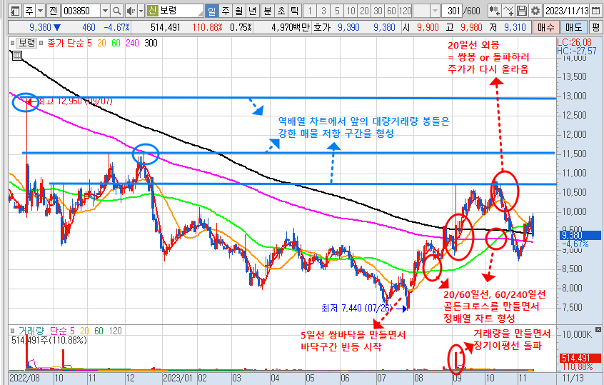 보령 주가 일봉 차트 분석 (2023년 11월 13일)