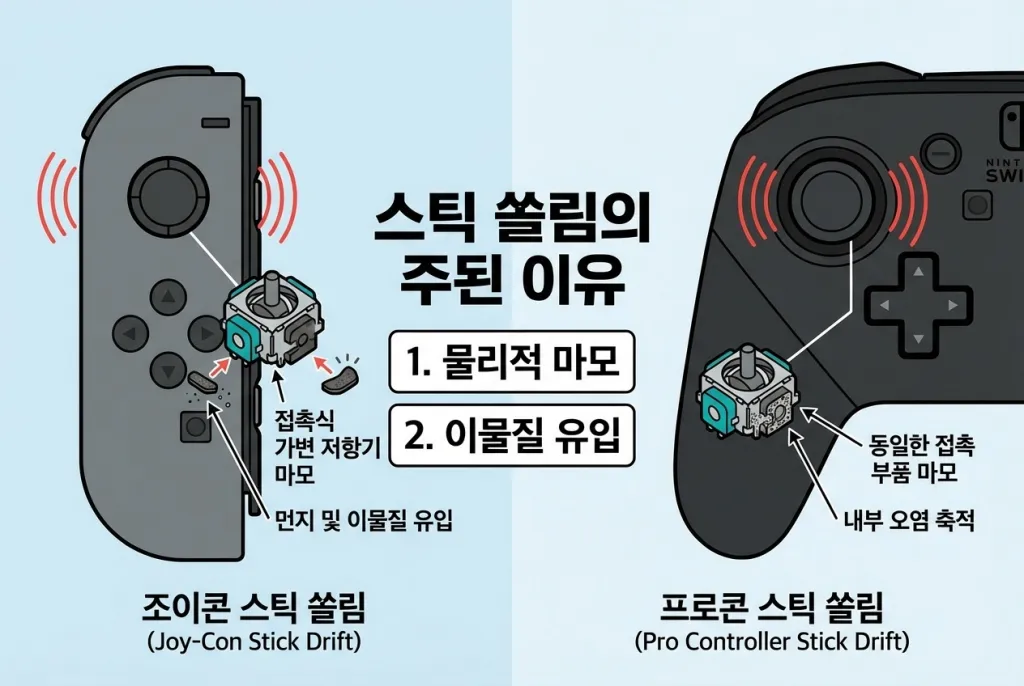 조이콘·프로콘 스틱 쏠림(드리프트) 원인: 가변저항 구조와 마모 영향
