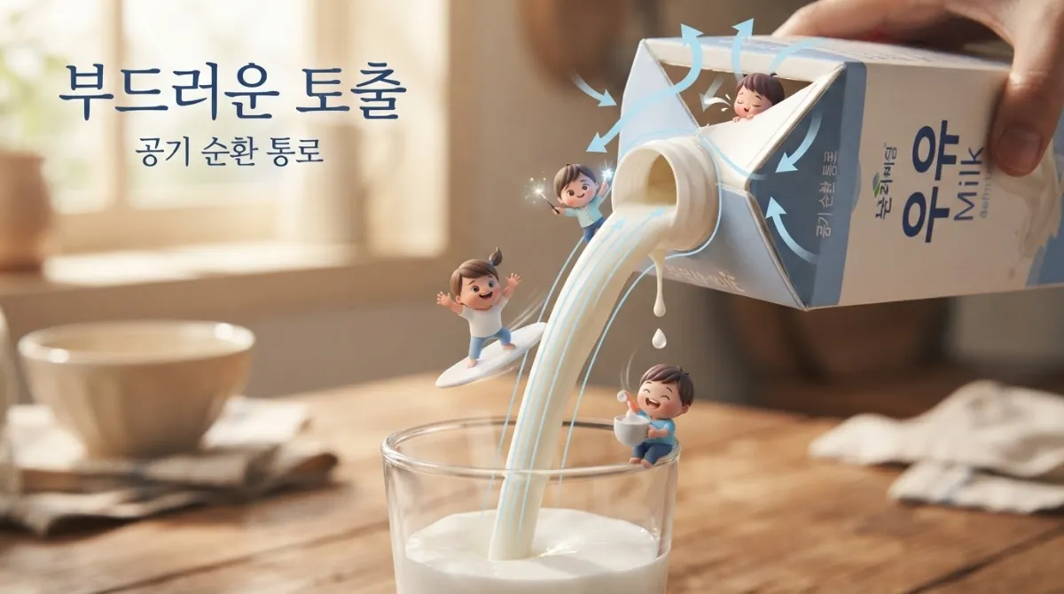 우유팩 주입구의 넓어진 날개 틈새를 통해 우유가 부드럽게 흐르고 공기가 동시에 유입되는 유체역학적 원리를 파스텔 블루 스트리밍 그래픽으로 표현한 매크로 컷. 작은 미니미 캐릭터들이 우유 흐름과 공기 경로를 안내하는 모습