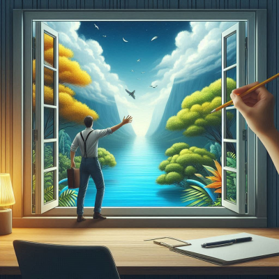 푸른 자연을 향해 문을 열고 다가가는 사람의 모습