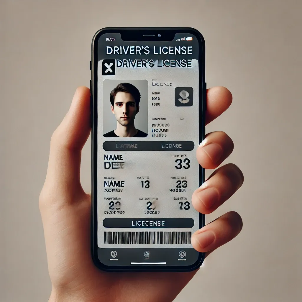스마트폰 화면에 디지털 운전면허증이 표시된 이미지. 면허증에는 이름, 사진, 면허 번호와 같은 기본 정보가 포함되어 있으며, 스마트폰은 손에 들려있고 배경은 단순한 중립적인 색상입니다.