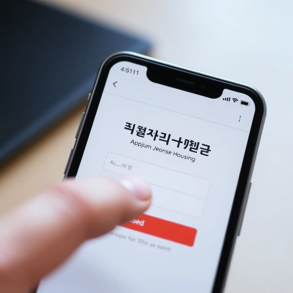 스마트폰이나 노트북 화면에 든든전세주택 신청 페이지가 열려 있고, 손가락으로 화면을 터치하거나 마우스를 클릭하는 모습을 클로즈업하여 그려주세요. 복잡한 서류 대신 디지털 기기를 통해 간단하게 절차가 진행되는 느낌을 강조합니다. 깔끔하고 직관적인 디자인으로 표현합니다.