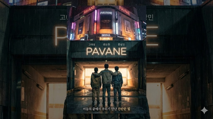 화려하고 눈부신 백화점의 네온사인과 극명하게 대비되는, 어둡고 습한 지하 주차장 입구에 나란히 서서 희미한 빛을 바라보는 세 주인공의 뒷모습이 담긴 포스터