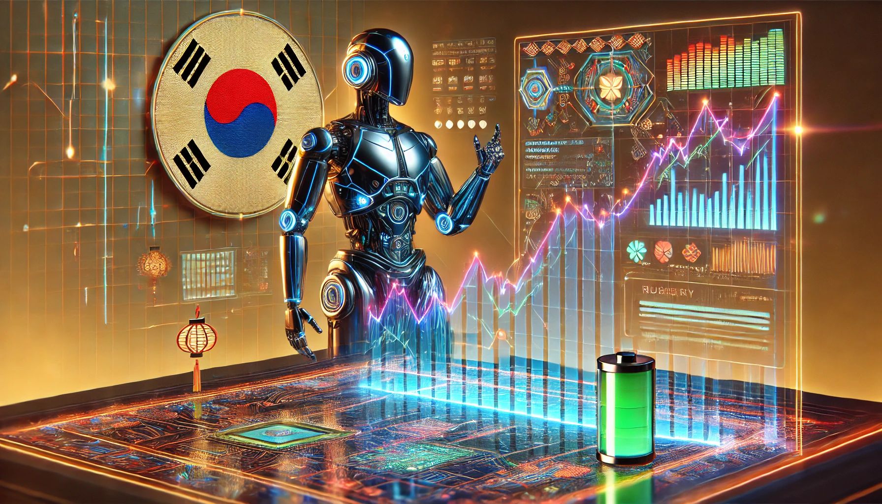 로봇이 주식 그래프옆에 서 있고, 2차전지 모형이나 반도체 칩 아이콘이 함께 배치된 콜라주 이미지