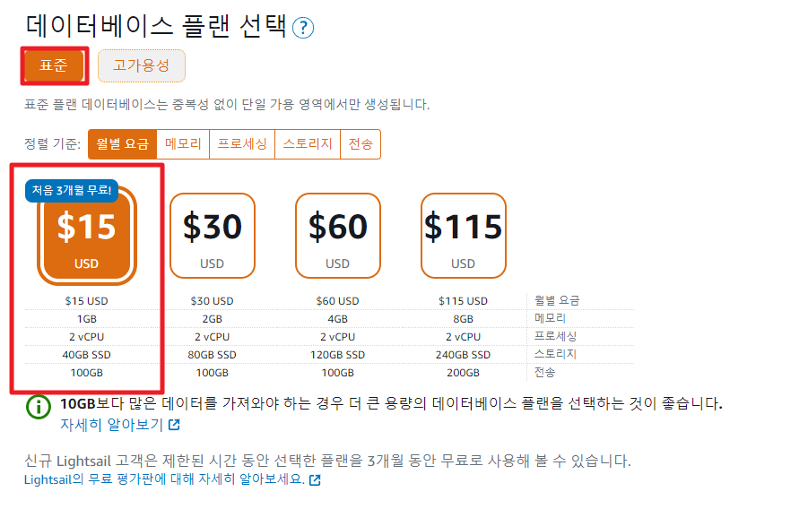 Lightsail 데이터베이스 생성