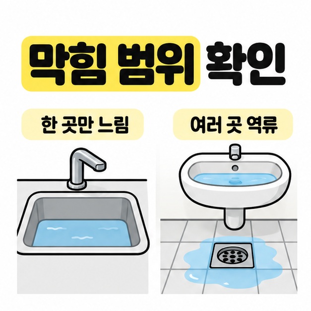한 곳만 느린 싱크대와 세면대 및 바닥 배수구에서 함께 물이 고인 모습을 나란히 비교한 막힘 범위 안내