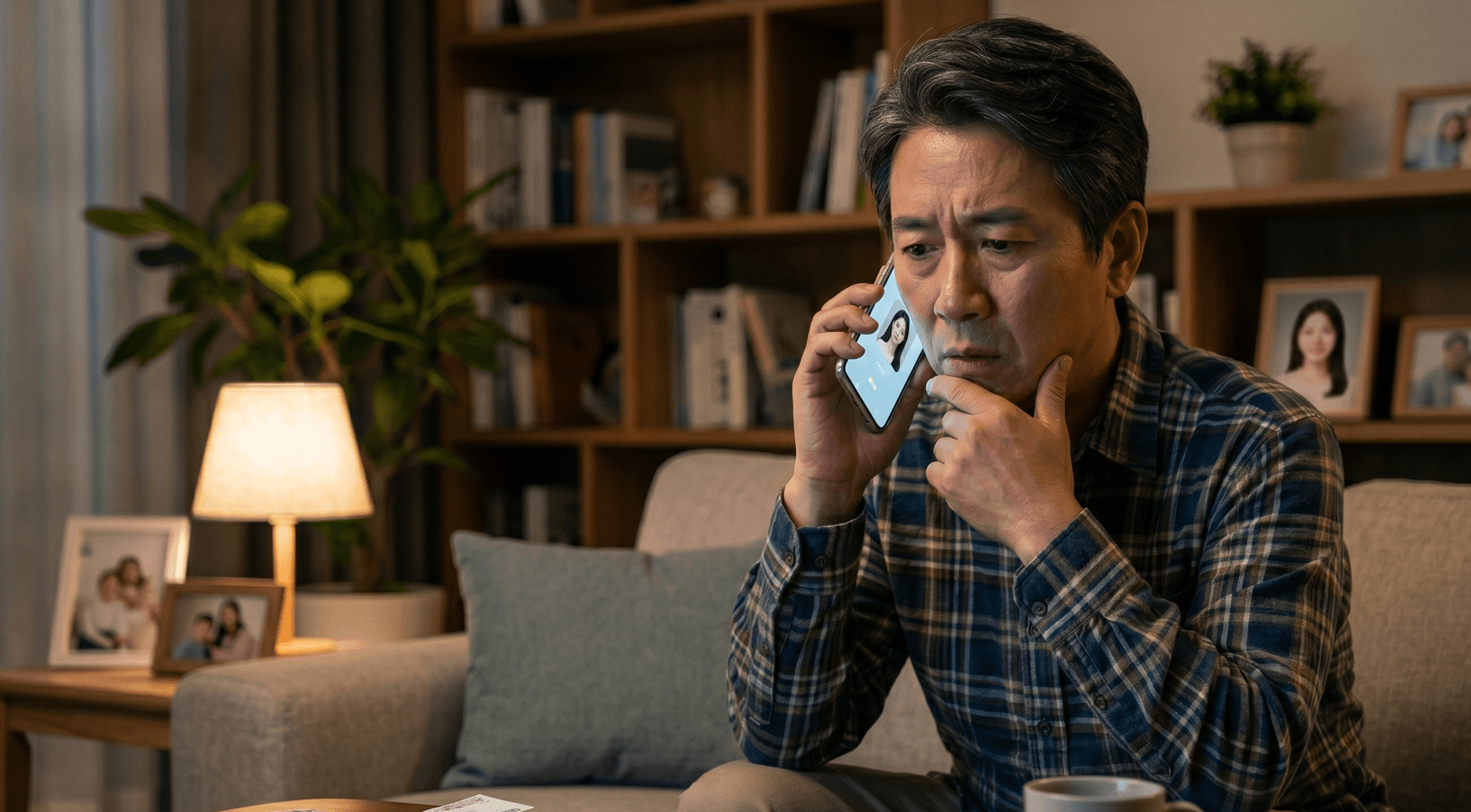 딸의 전화를 받으며 보이스피싱을 의심하고 고민하는 50대 남성
