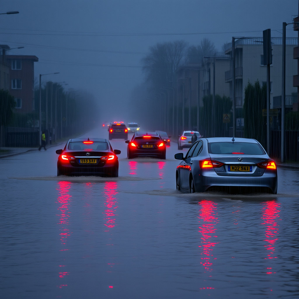 허리 높이까지 물이 차오른 도로 위에서 비상등을 켜고 움직이지 못하는 차량 몇 대가 보입니다. 주위 건물들은 어둡고 비에 젖은 느낌으로 재난 상황의 심각성을 표현합니다.