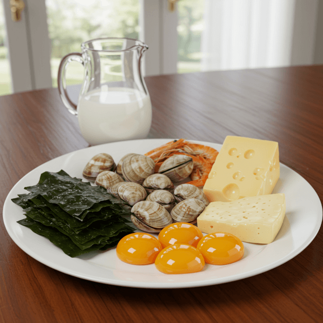 창가 테이블에 요오드 성분이 풍부한 김, 조개, 치즈, 달걀노른자, 새우가 접시에 담겨있고 우유가 유리병에 담겨 있는 모습