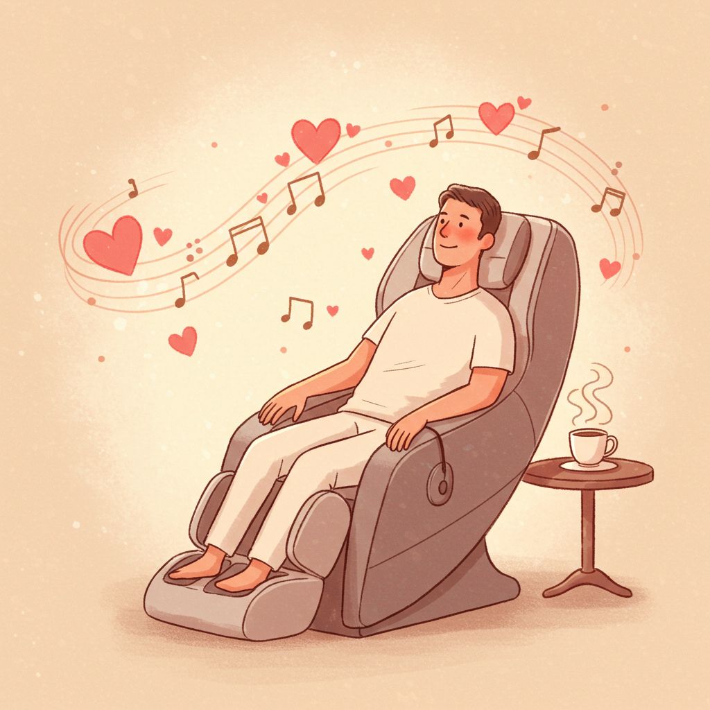 안마의자에 앉아 음악과 커피를 즐기며 쉬는 아빠의 아기자기한 일러스트, 하트가 떠다니는 힐링 분위기 (아빠 웰빙 선물, 힐링 아이템)