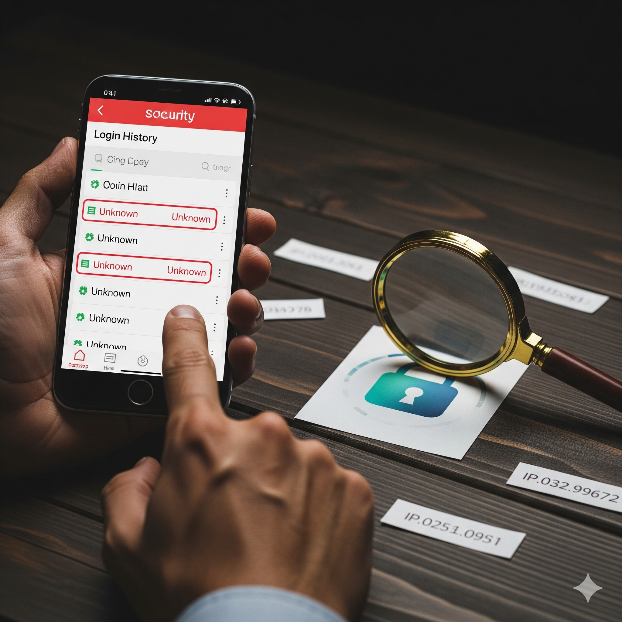 스마트폰의 로그인 기록 화면에서 'Unknown' 접속 기록을 확인하며 해킹 여부를 점검하는 모습. 돋보기와 IP 주소가 적힌 종이가 놓여 있어 개인정보 보안의 중요성을 강조함